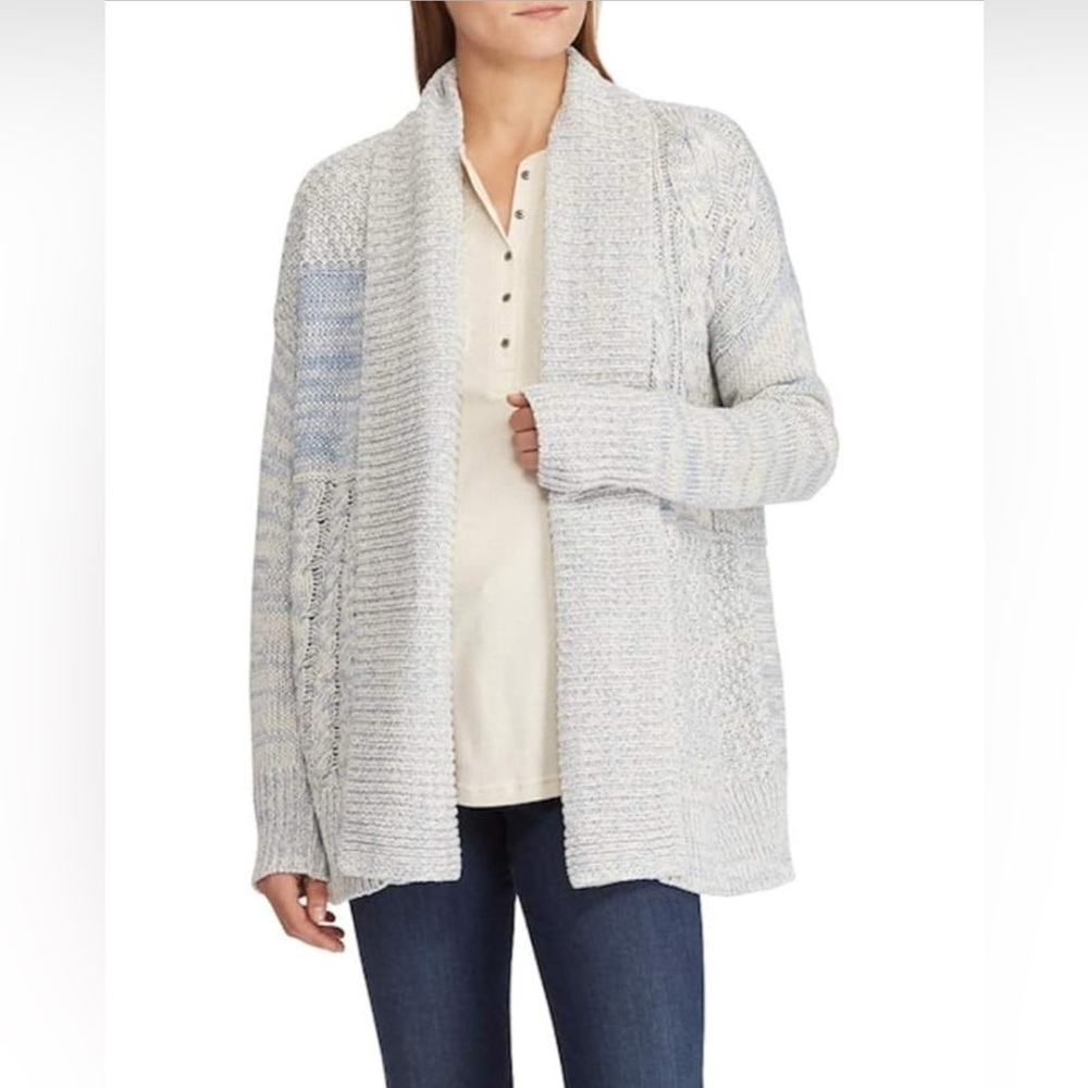 Chaps Knit Patchwork with Shawl Collar Blue  and Cream open Sweater